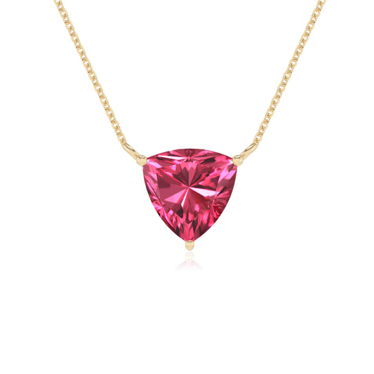 lab grown pink-tourmaline trillion solitaire necklaces in yellow gold 