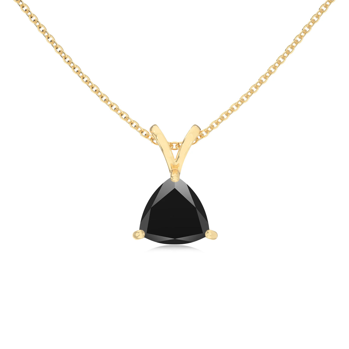 natural black-onyx trillion solitaire v-bale necklaces in yellow gold 