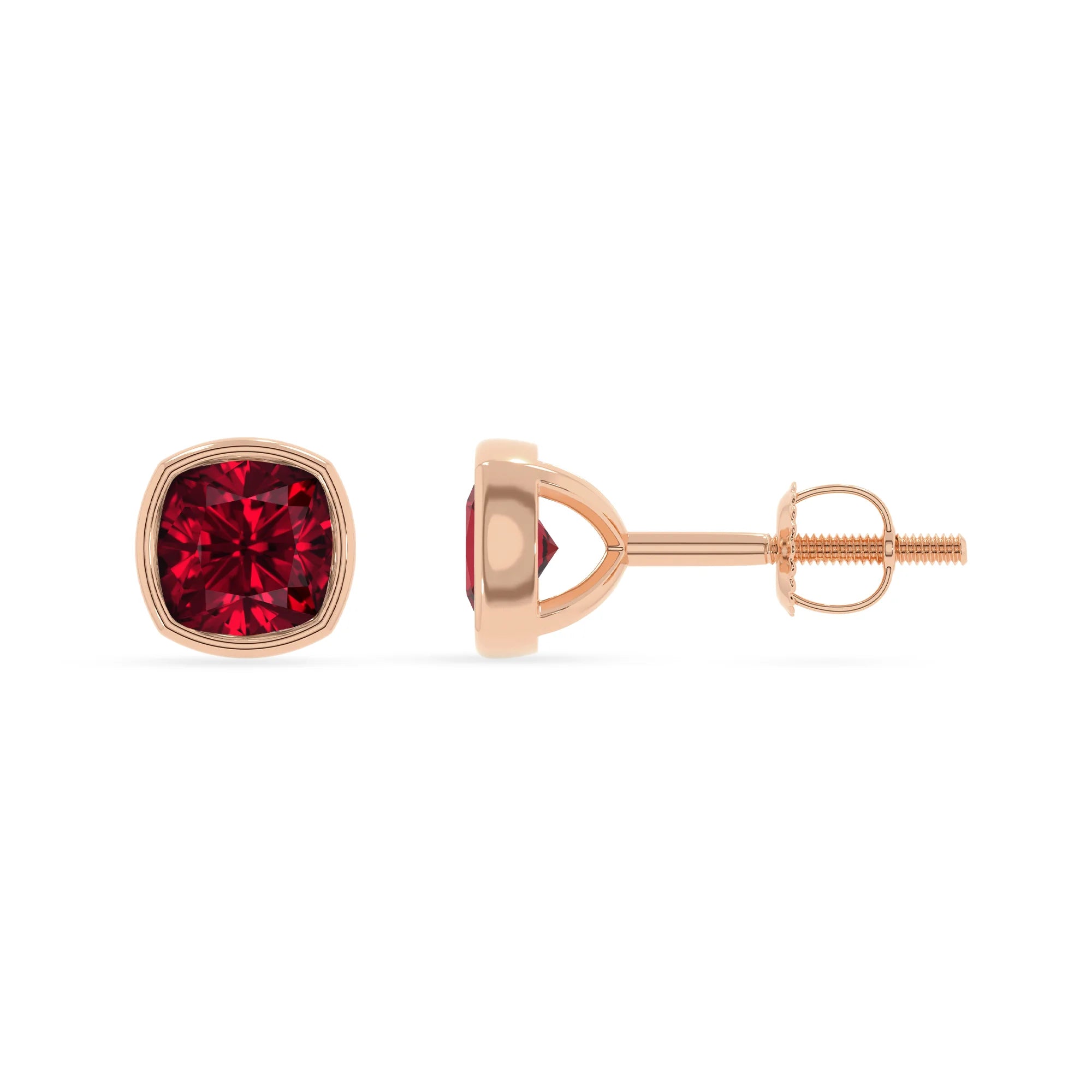 lab grown ruby cushion stud earrings in rose gold 