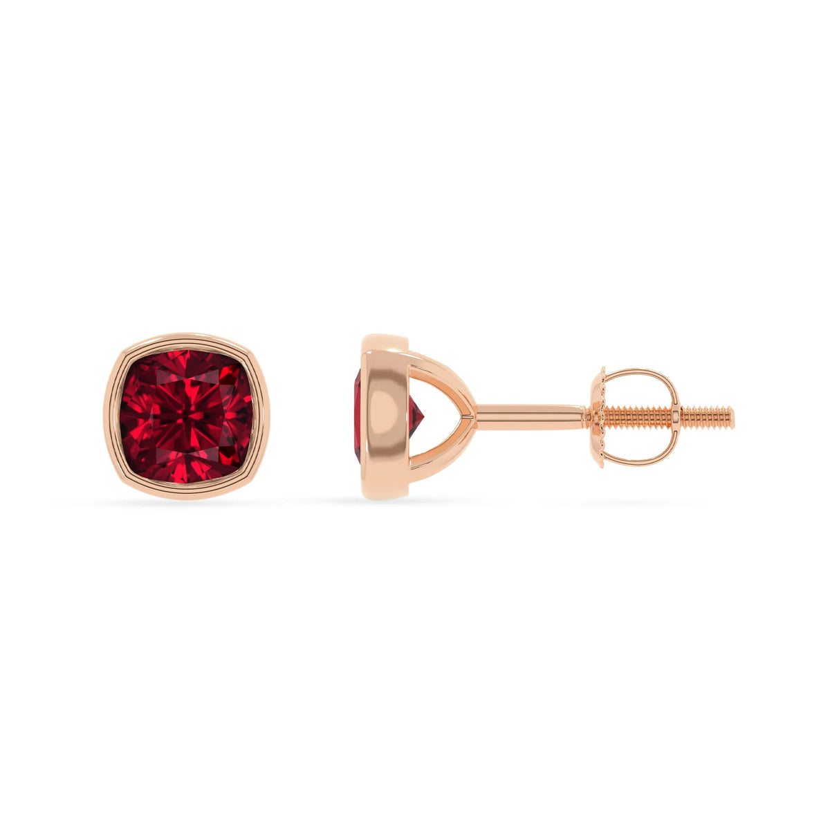 lab grown ruby cushion stud earrings in rose gold 