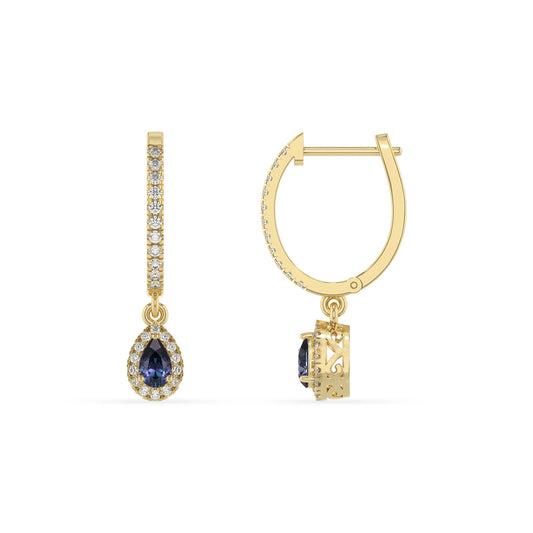 lab grown alexandrite pear drop earrings in yellow gold 