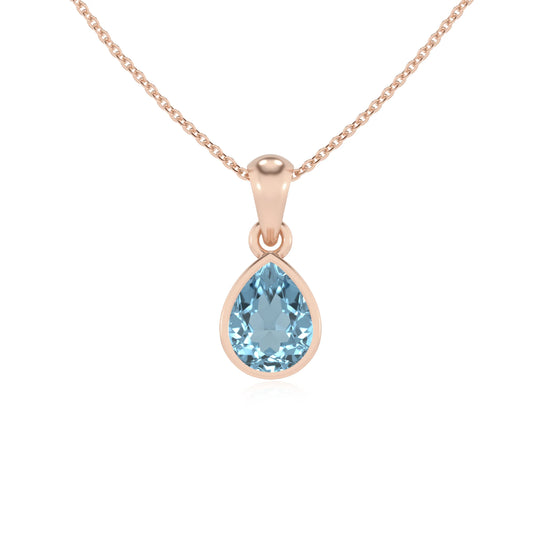 lab grown aquamarine pear solitaire necklaces in rose gold 