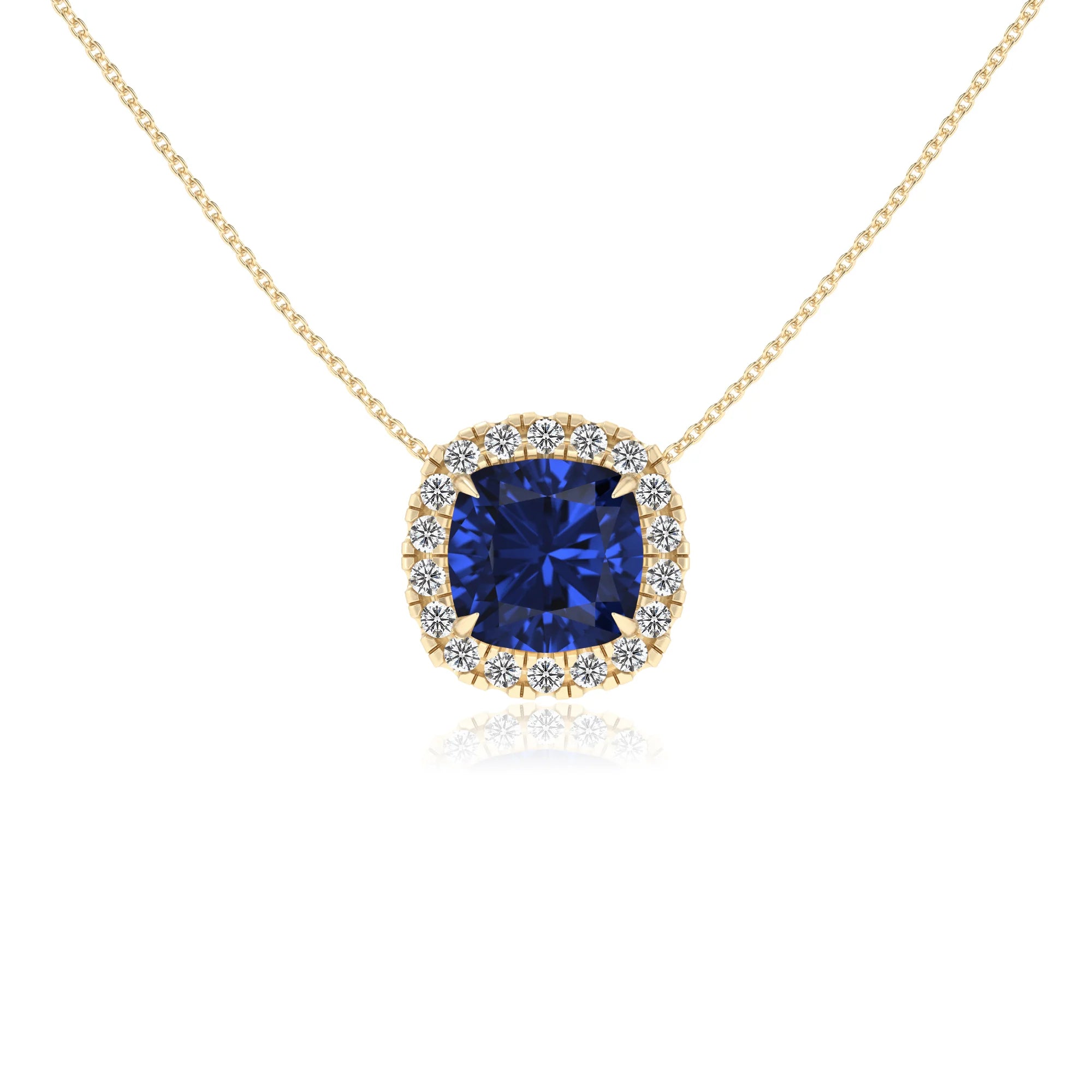lab grown blue sapphire cushion solitaire necklaces in yellow gold 