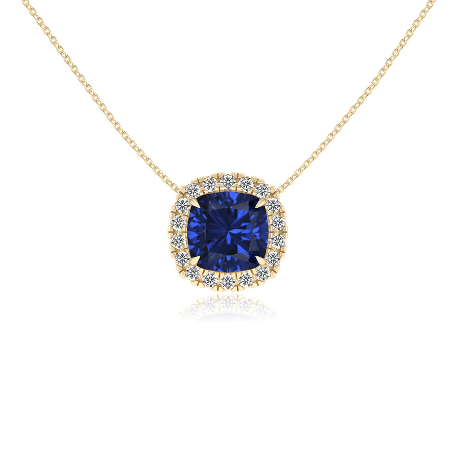lab grown blue sapphire cushion solitaire necklaces in yellow gold 