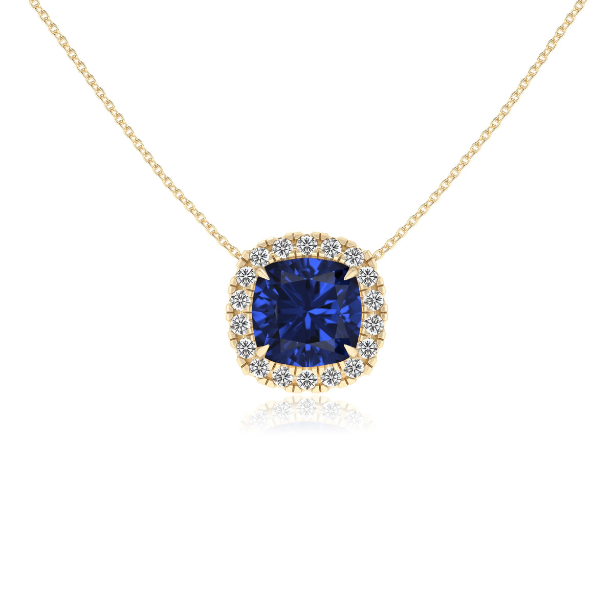 lab grown blue sapphire cushion solitaire necklaces in yellow gold 