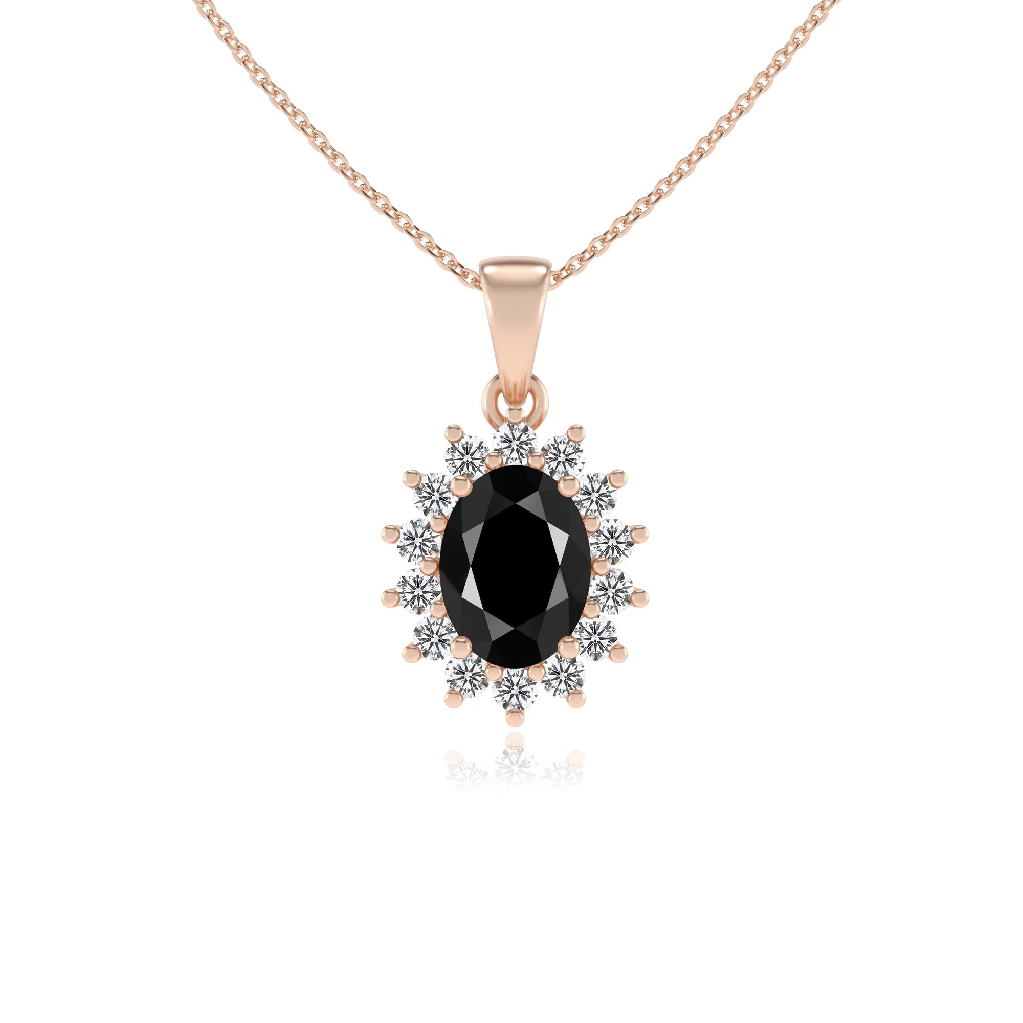 natural black-onyx oval halo necklaces in rose gold 