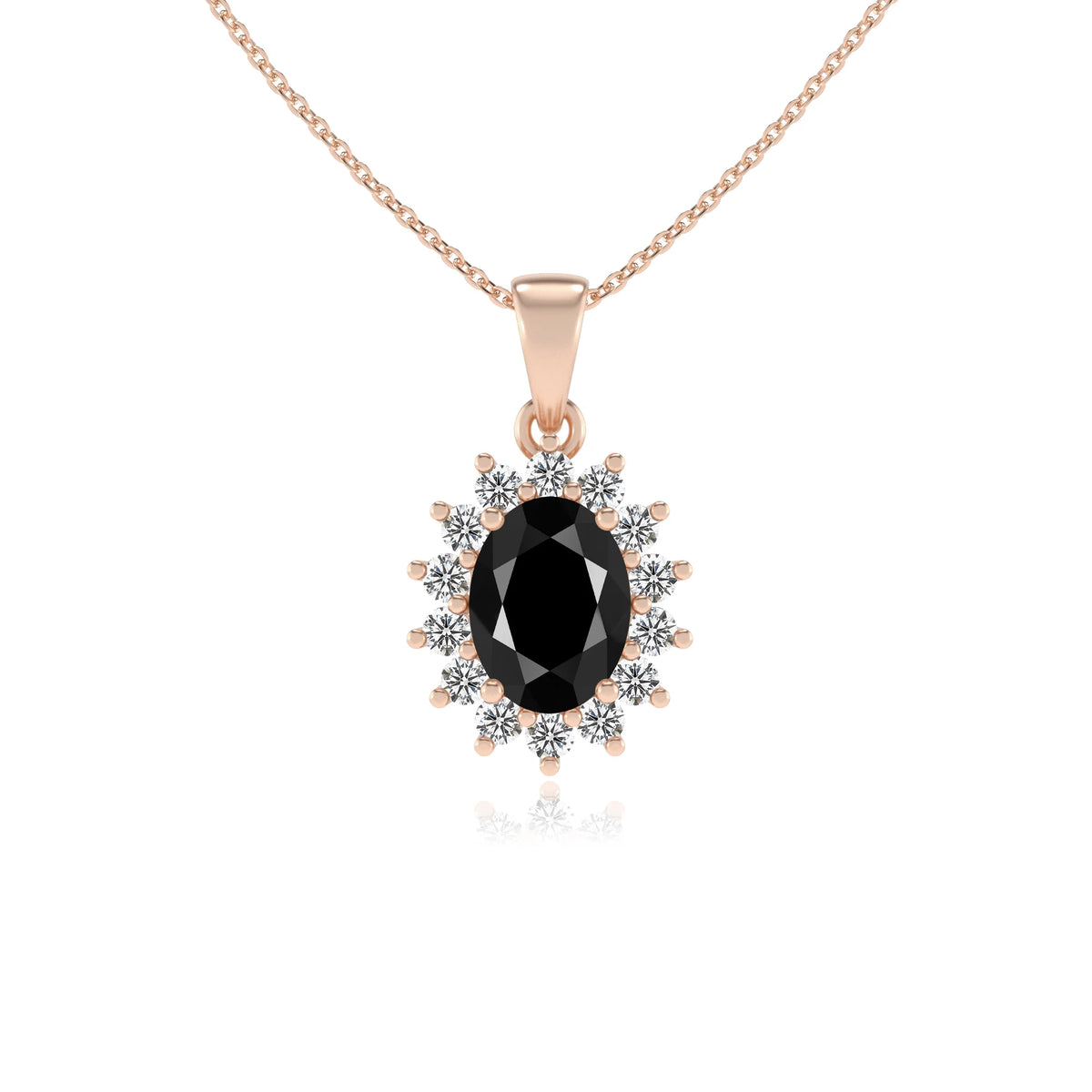 natural black-onyx oval halo necklaces in rose gold 