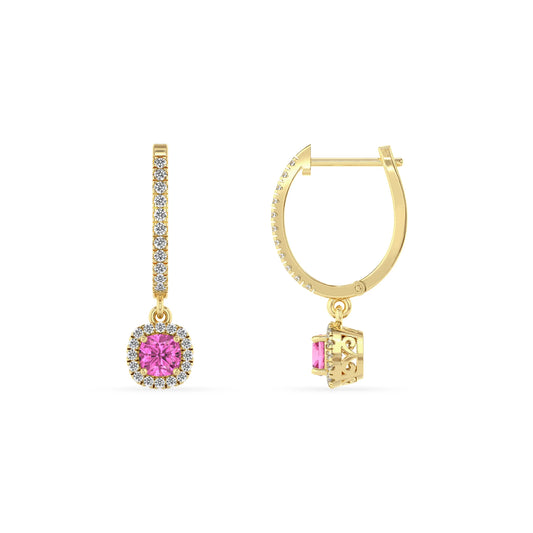 lab grown pink sapphire cushion drop earrings in yellow gold 