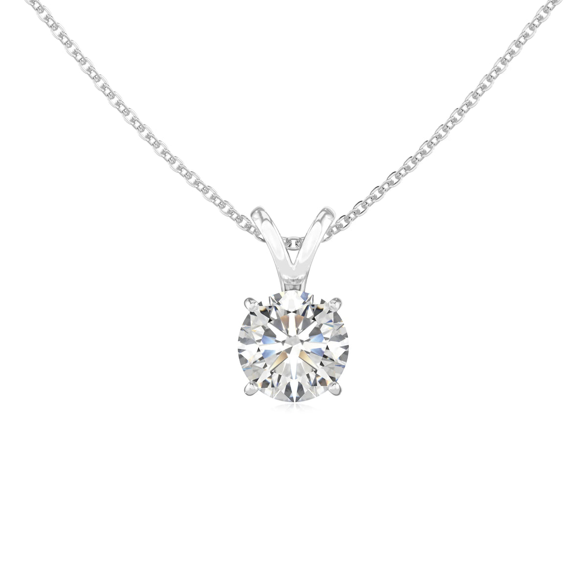 lab grown moissanite round solitaire v-bale necklaces in sterling silver 
