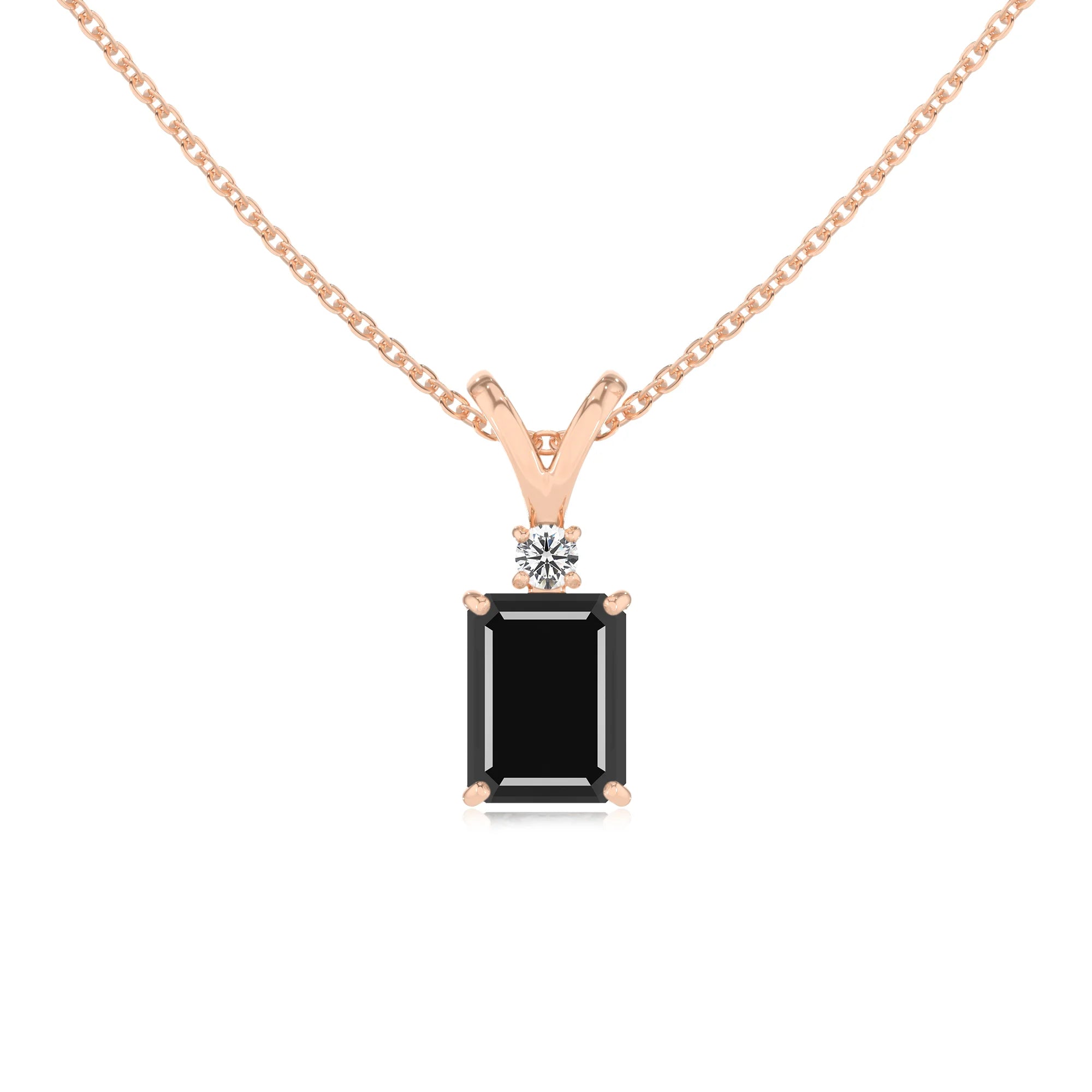 natural black-onyx emerald cut solitaire v-bale necklaces in rose gold 