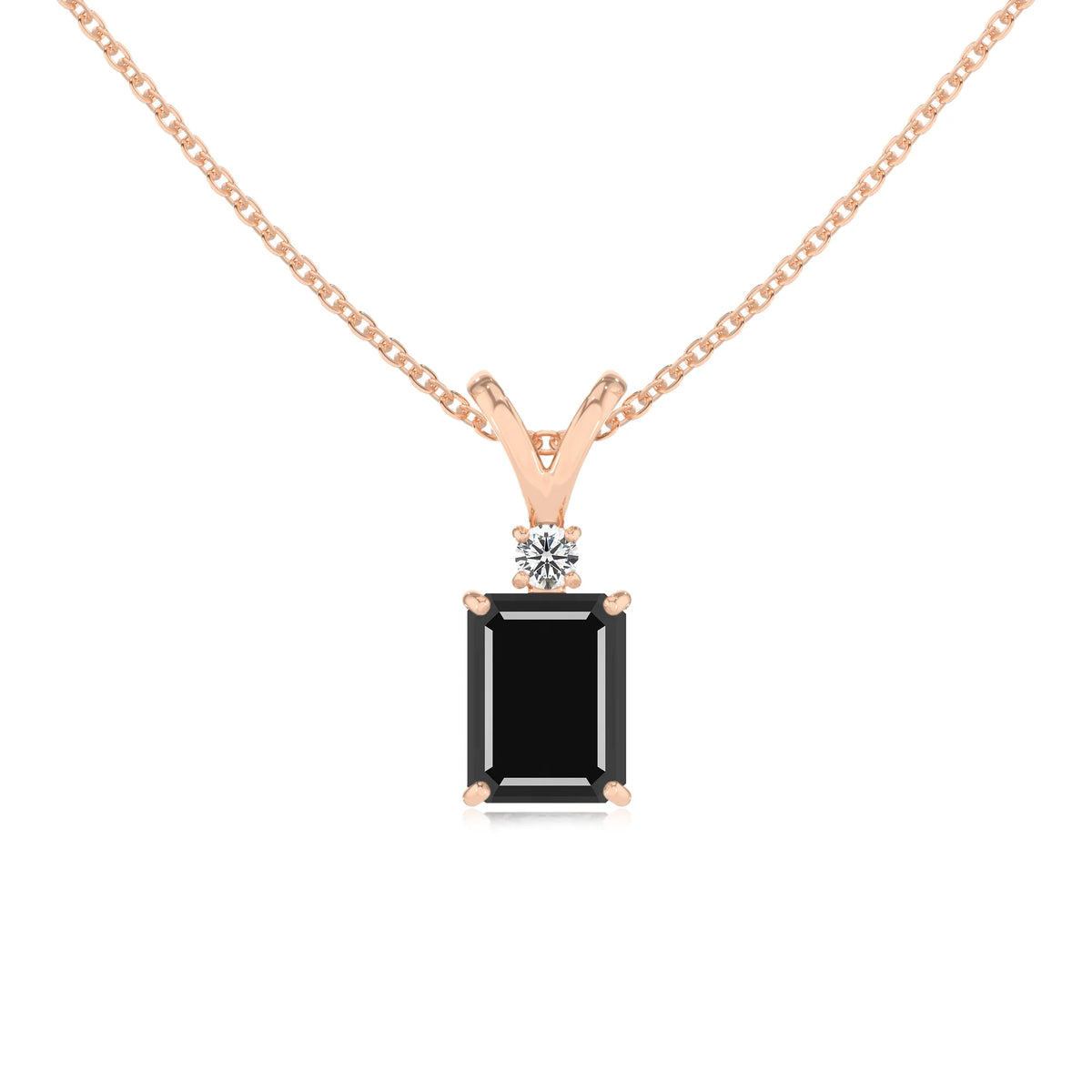 natural black-onyx emerald cut solitaire v-bale necklaces in rose gold 