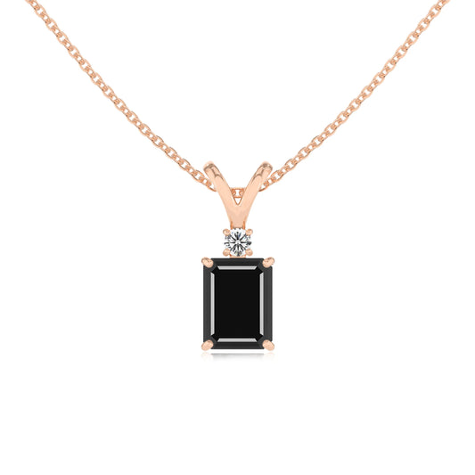 natural black-onyx emerald cut solitaire v-bale necklaces in rose gold 