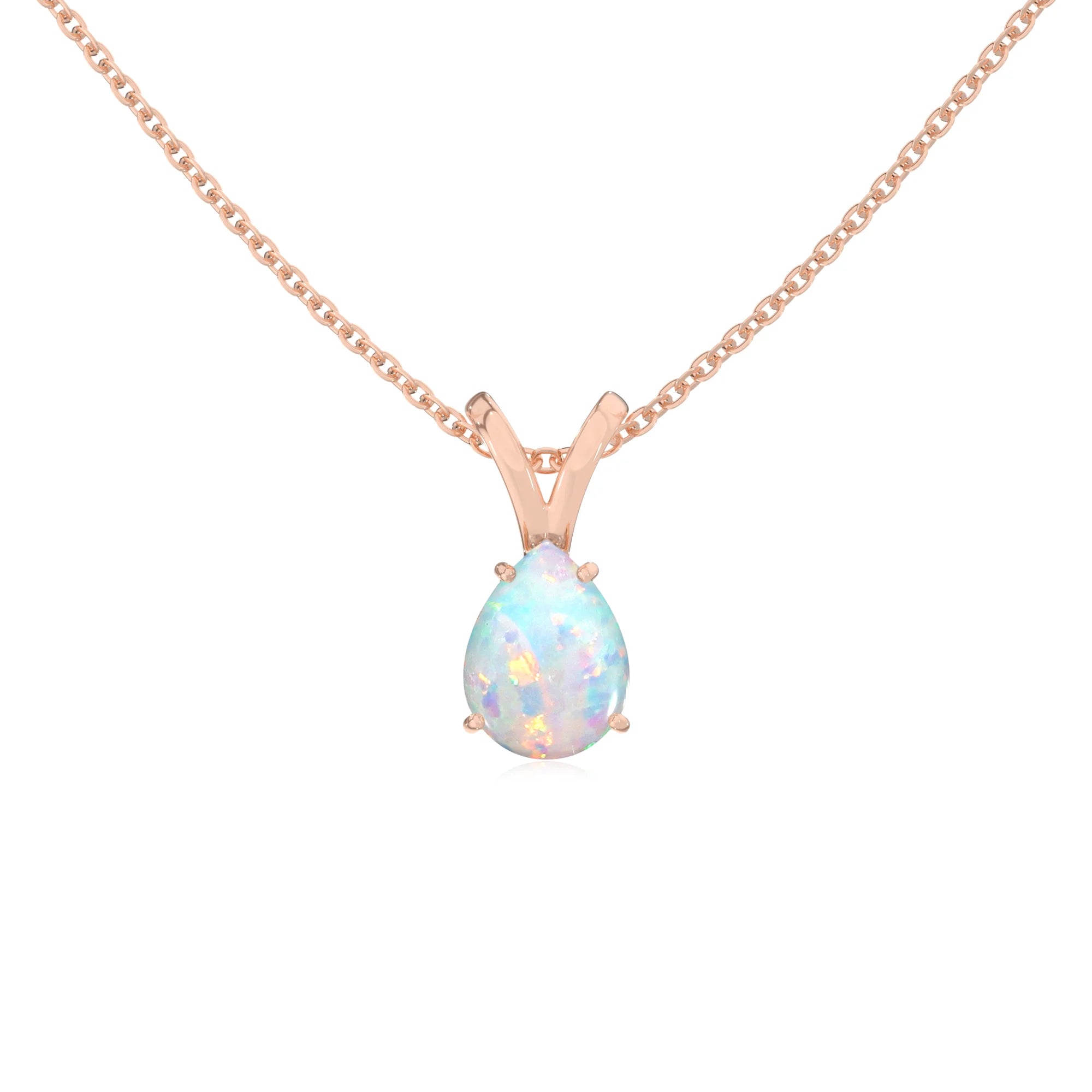 lab grown opal pear solitaire v-bale necklaces in rose gold 