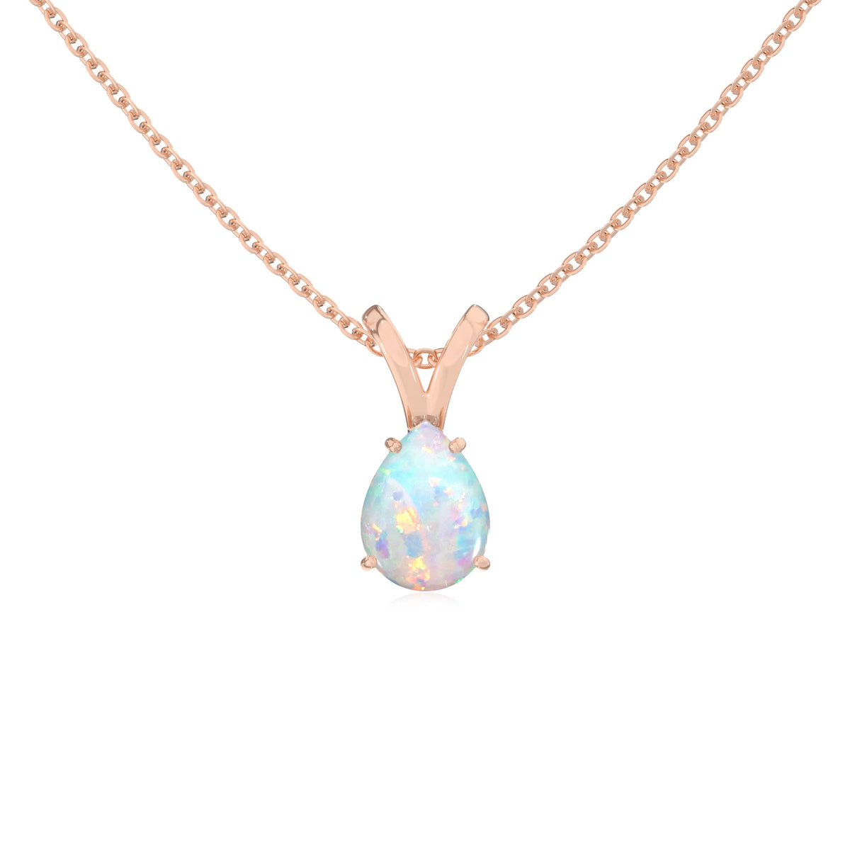 lab grown opal pear solitaire v-bale necklaces in rose gold 