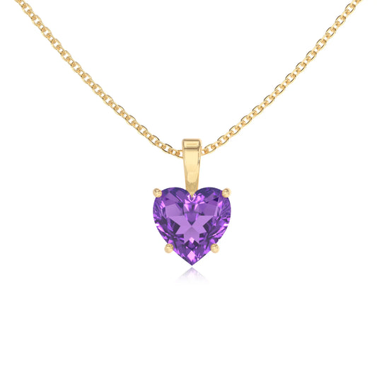 lab grown amethyst heart solitaire necklaces in yellow gold 