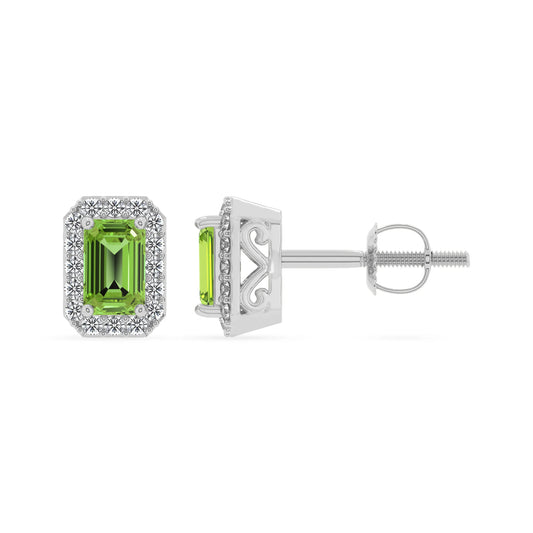 natural peridot emerald cut stud earrings in white gold 