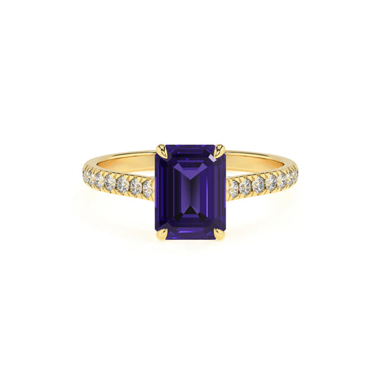 lab grown tanzanite emerald cut half eternity solitaire engagement rings in yellow gold 
