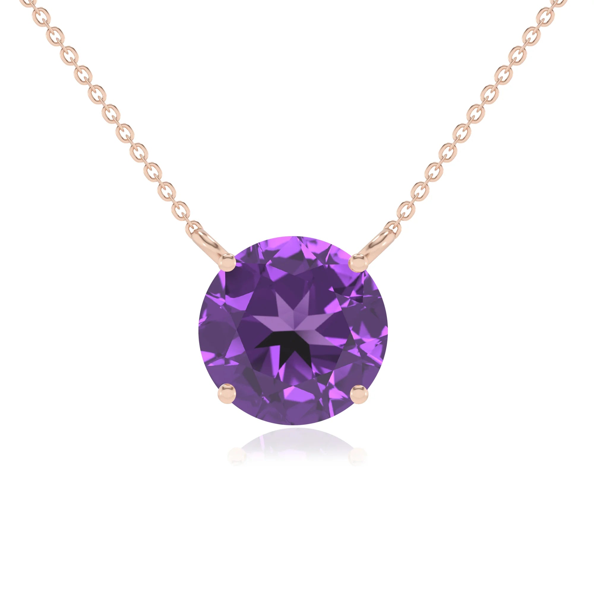 lab grown amethyst round solitaire necklaces in rose gold 