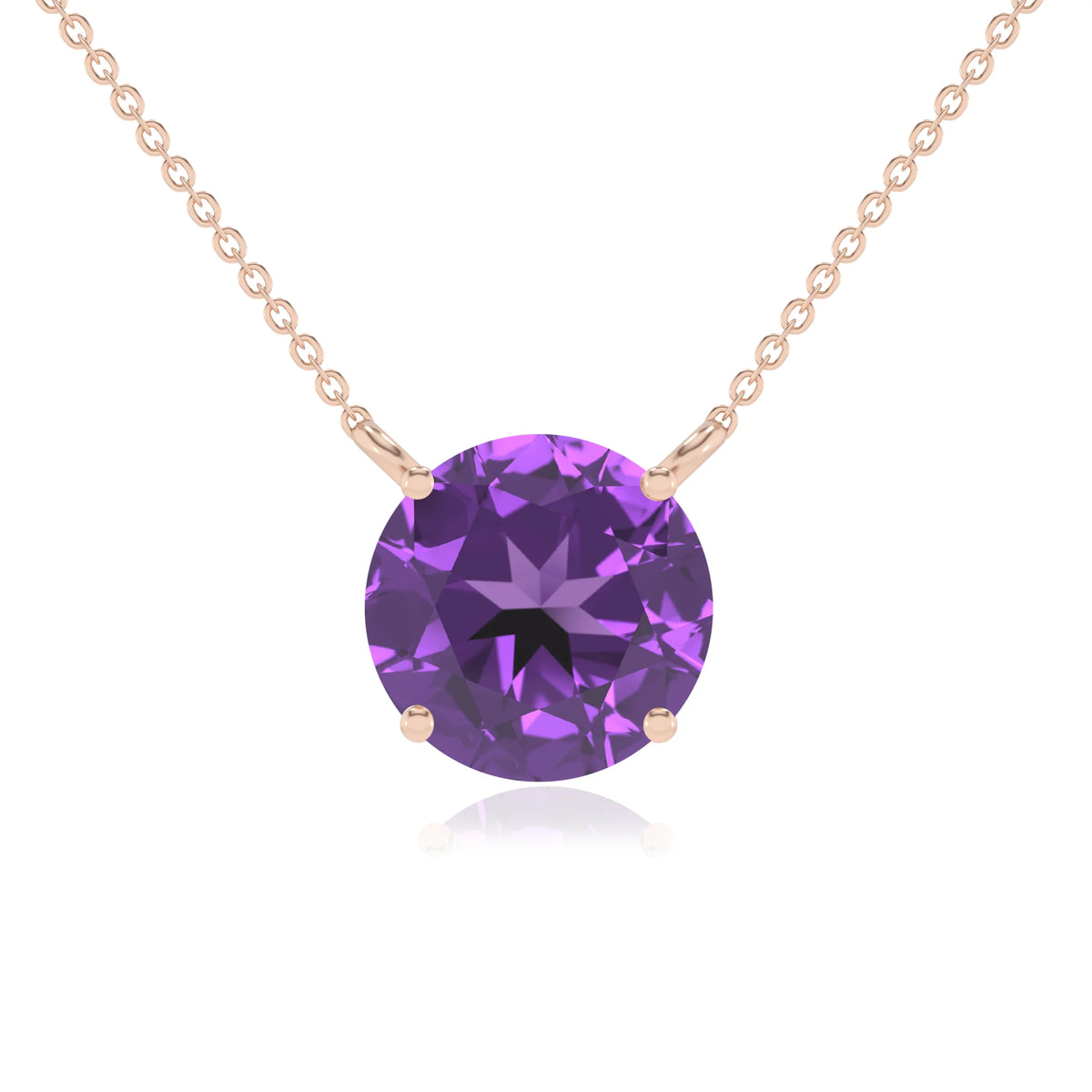 lab grown amethyst round solitaire necklaces in rose gold 
