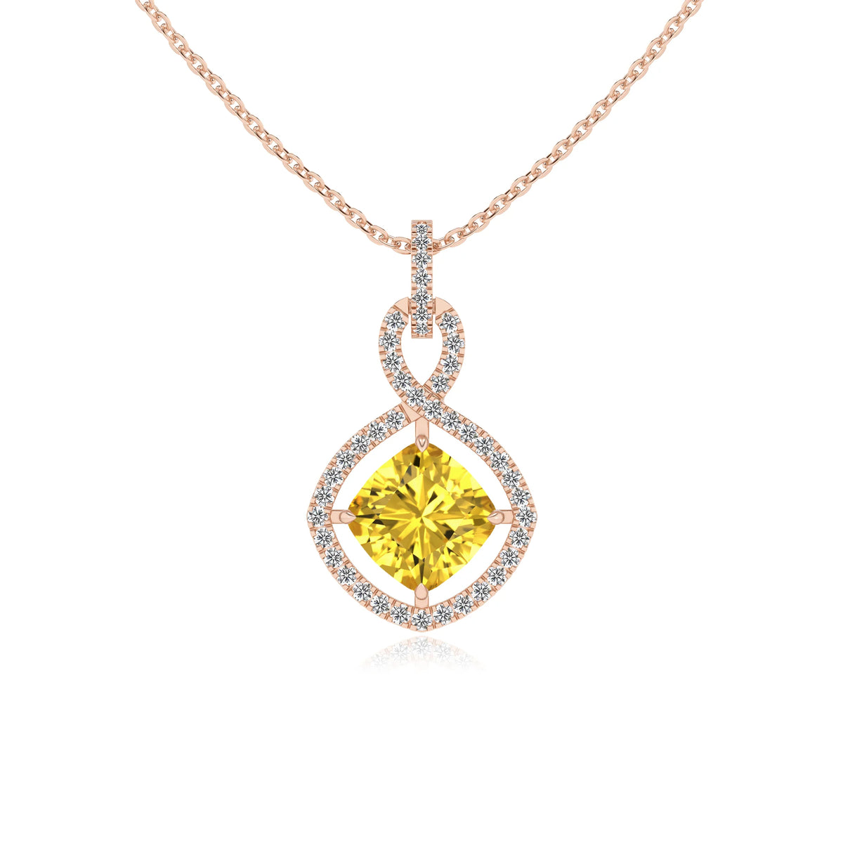 lab grown yellow-sapphire cushion infinity necklaces in rose gold 
