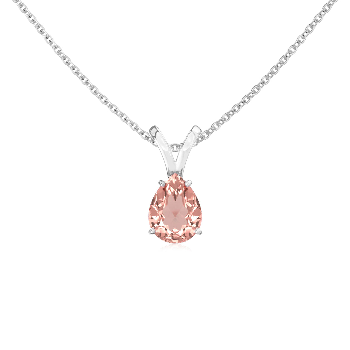 lab grown morganite pear solitaire v-bale necklaces in sterling silver 