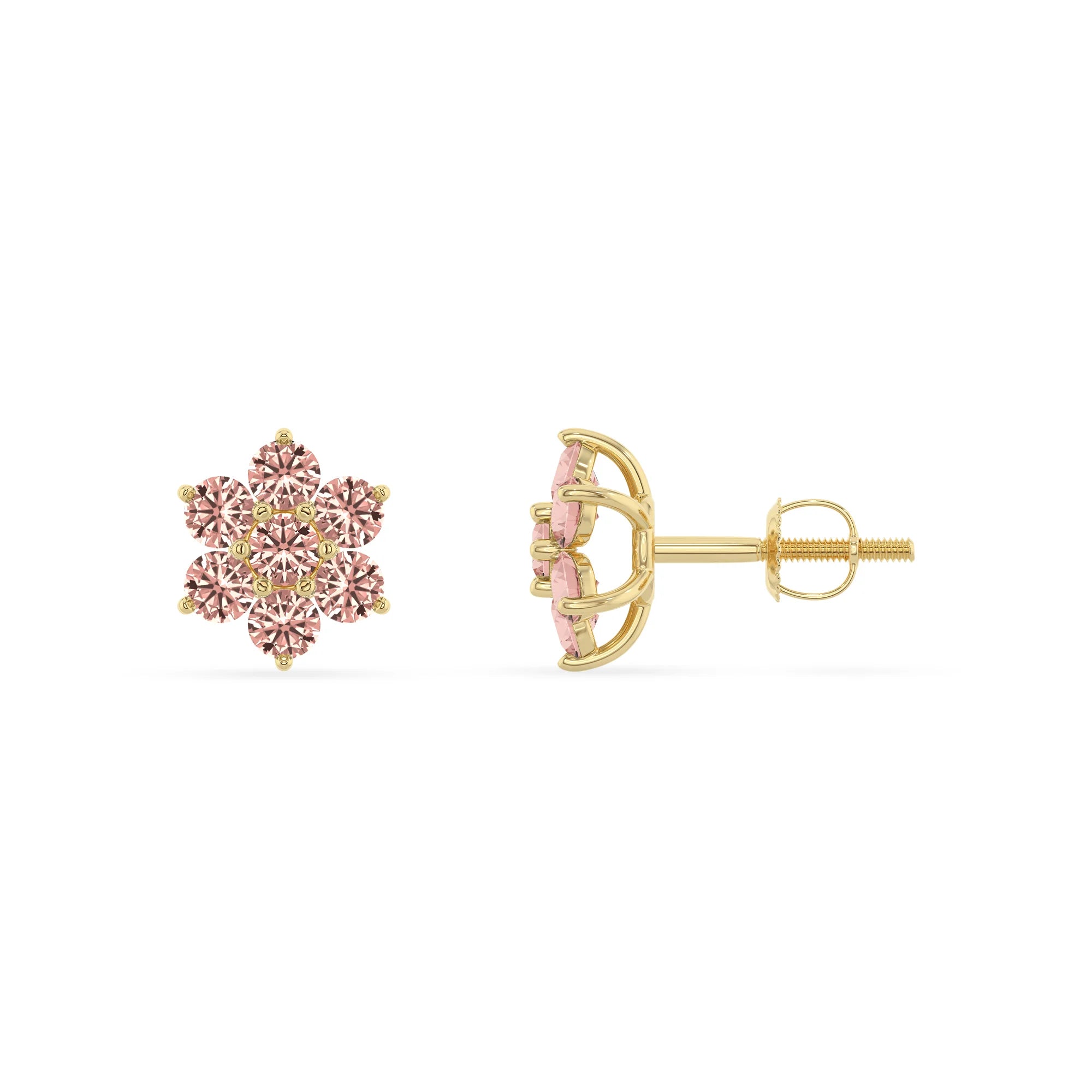 lab grown morganite round stud earrings in yellow gold 