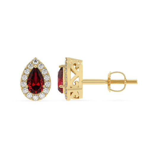 lab grown ruby pear stud earrings in yellow gold 