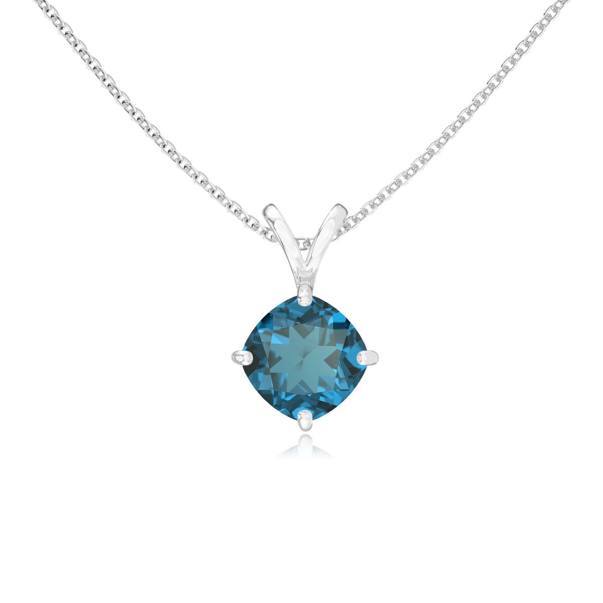 natural london-blue-topaz cushion solitaire v-bale necklaces in sterling silver 