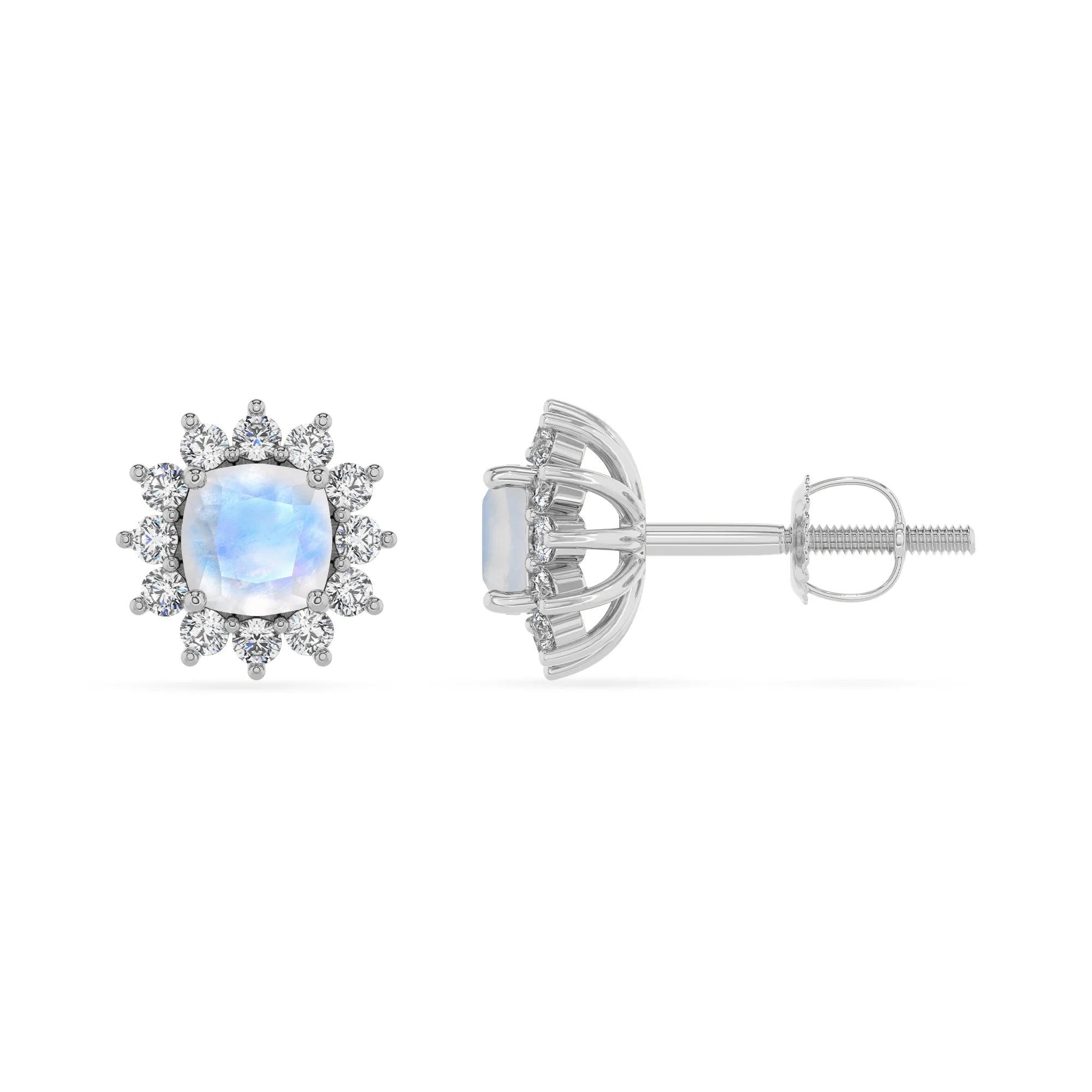 natural rainbow moonstone cushion stud earrings in white gold 