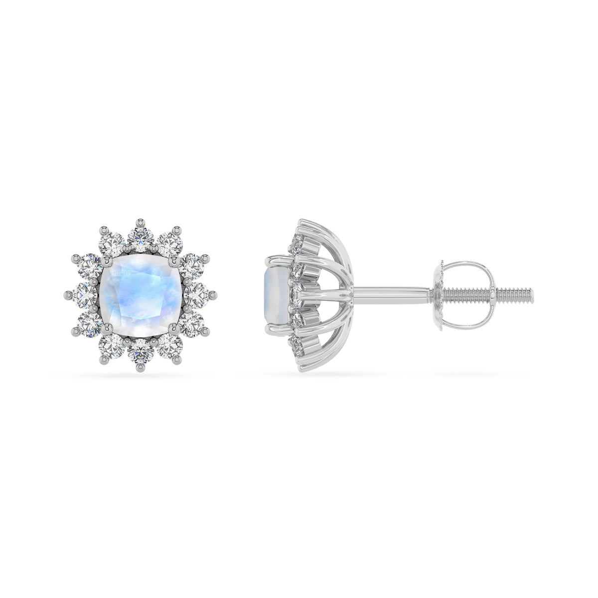 natural rainbow moonstone cushion stud earrings in white gold 