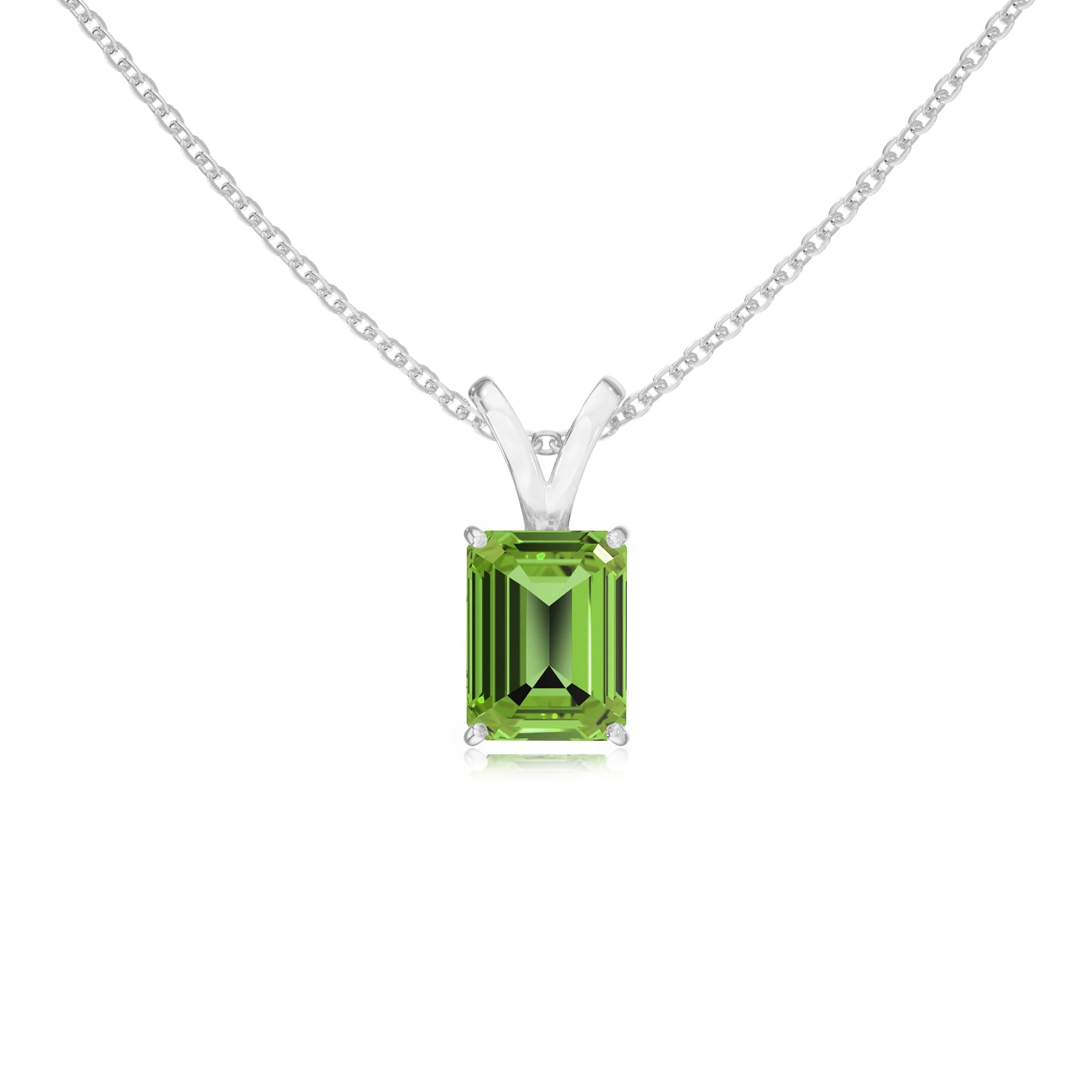 natural peridot emerald cut solitaire v-bale necklaces in sterling silver 