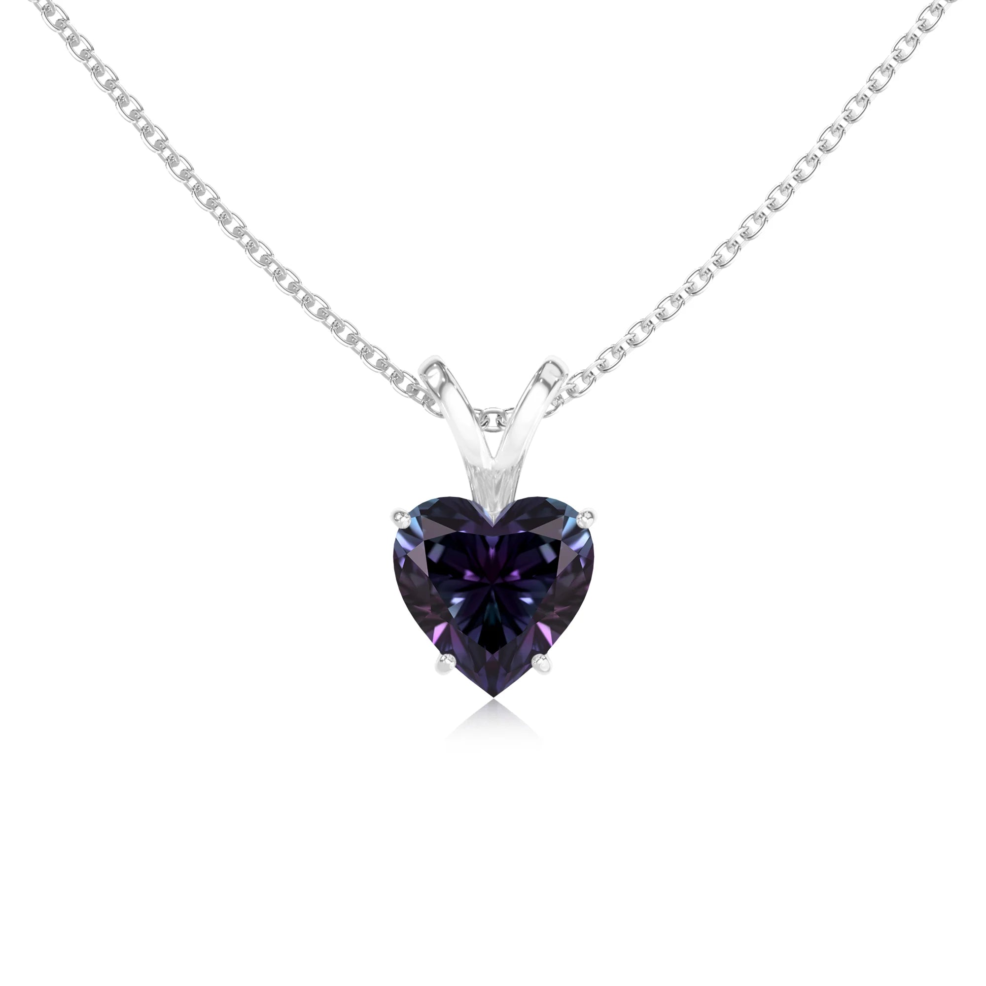 lab grown alexandrite heart solitaire v-bale necklaces in sterling silver 