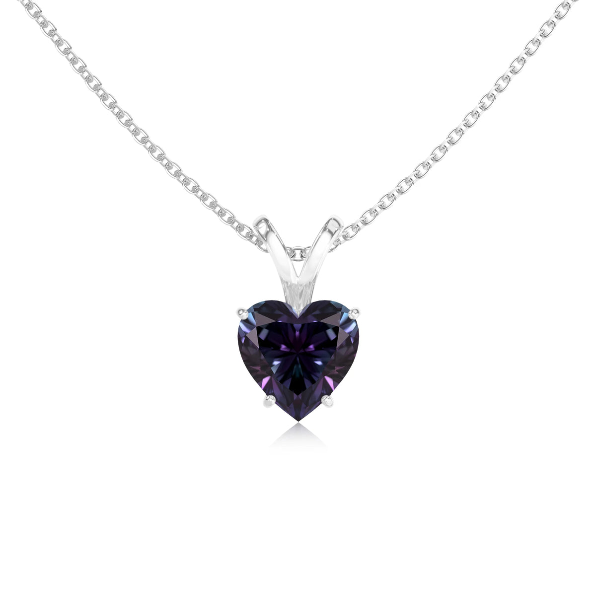 lab grown alexandrite heart solitaire v-bale necklaces in sterling silver 