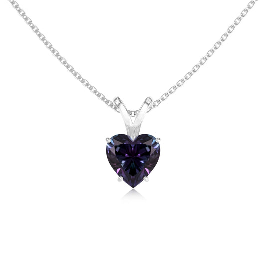 lab grown alexandrite heart solitaire v-bale necklaces in sterling silver 
