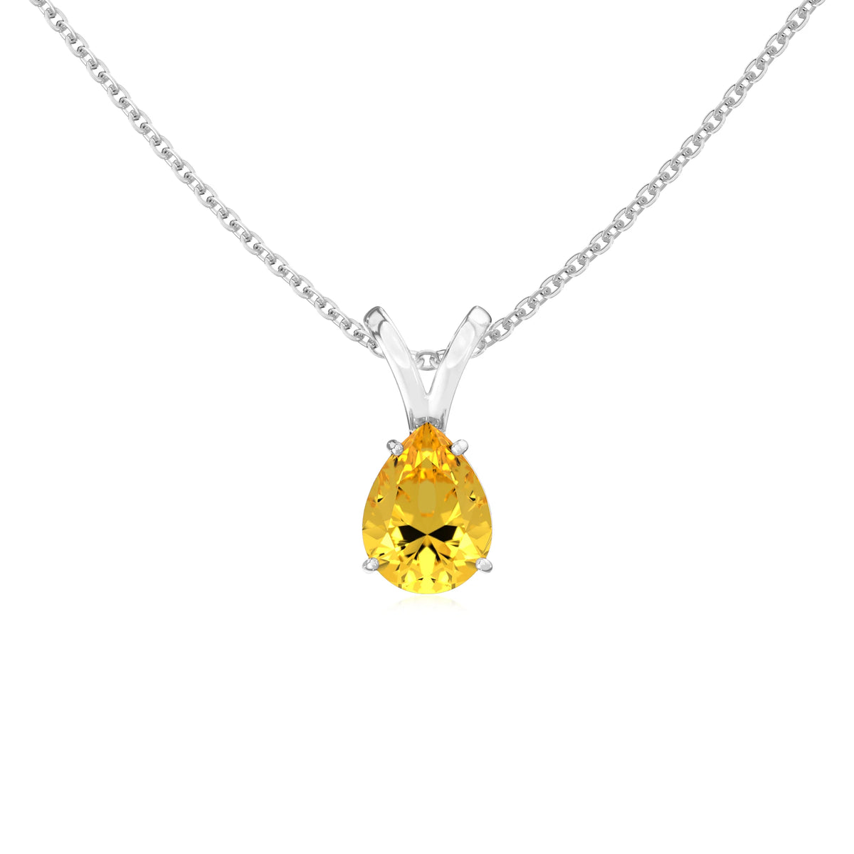 lab grown yellow-sapphire pear solitaire v-bale necklaces in sterling silver 