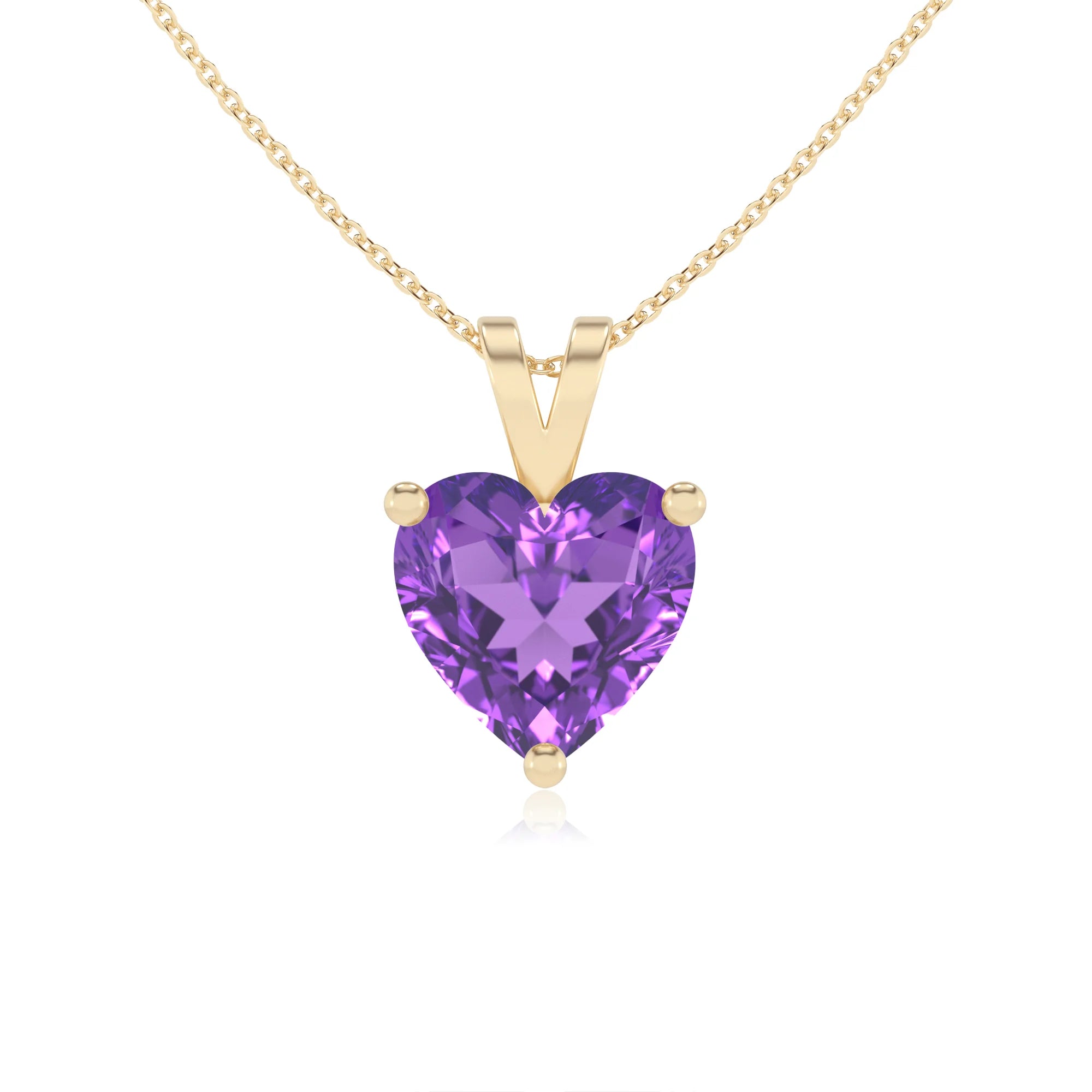 lab grown amethyst heart solitaire v-bale necklaces in yellow gold 