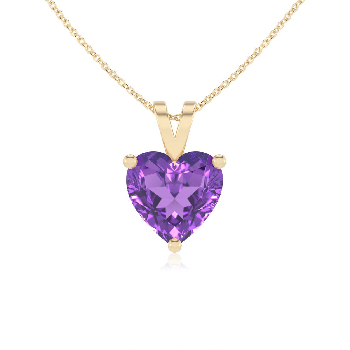 lab grown amethyst heart solitaire v-bale necklaces in yellow gold 
