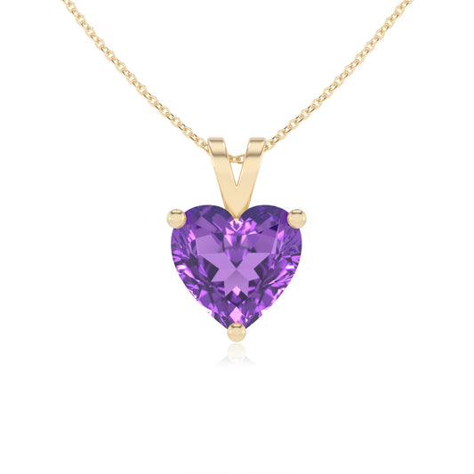 lab grown amethyst heart solitaire v-bale necklaces in yellow gold 
