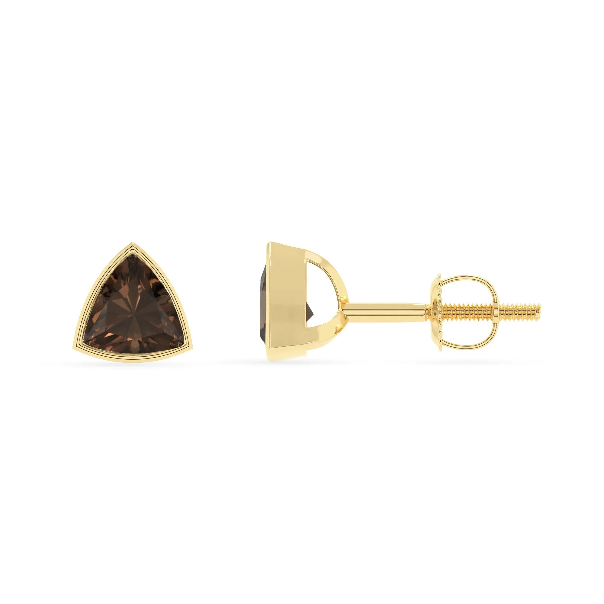 natural smoky quartz trillion stud earrings in yellow gold 