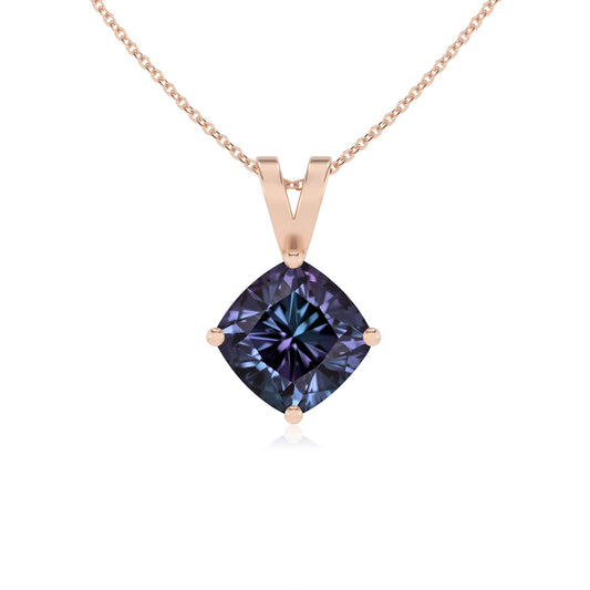 lab grown alexandrite cushion solitaire v-bale necklaces in rose gold 