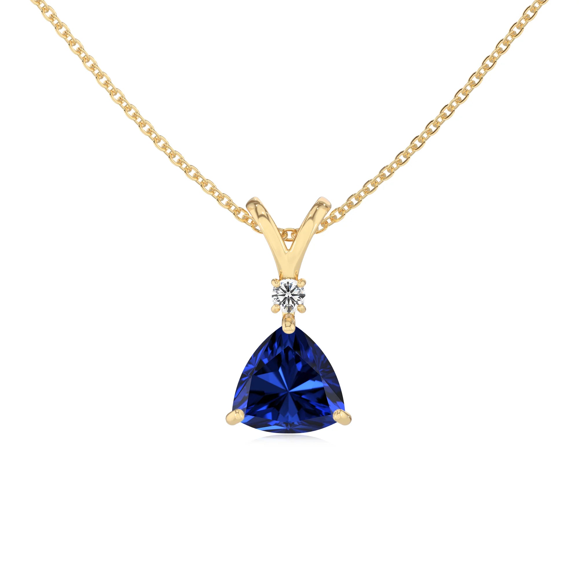 lab grown blue-sapphire trillion solitaire v-bale necklaces in yellow gold 