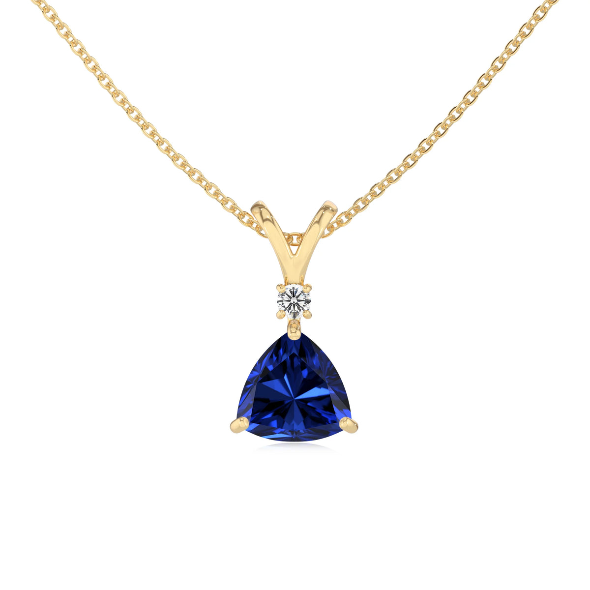 lab grown blue-sapphire trillion solitaire v-bale necklaces in yellow gold 