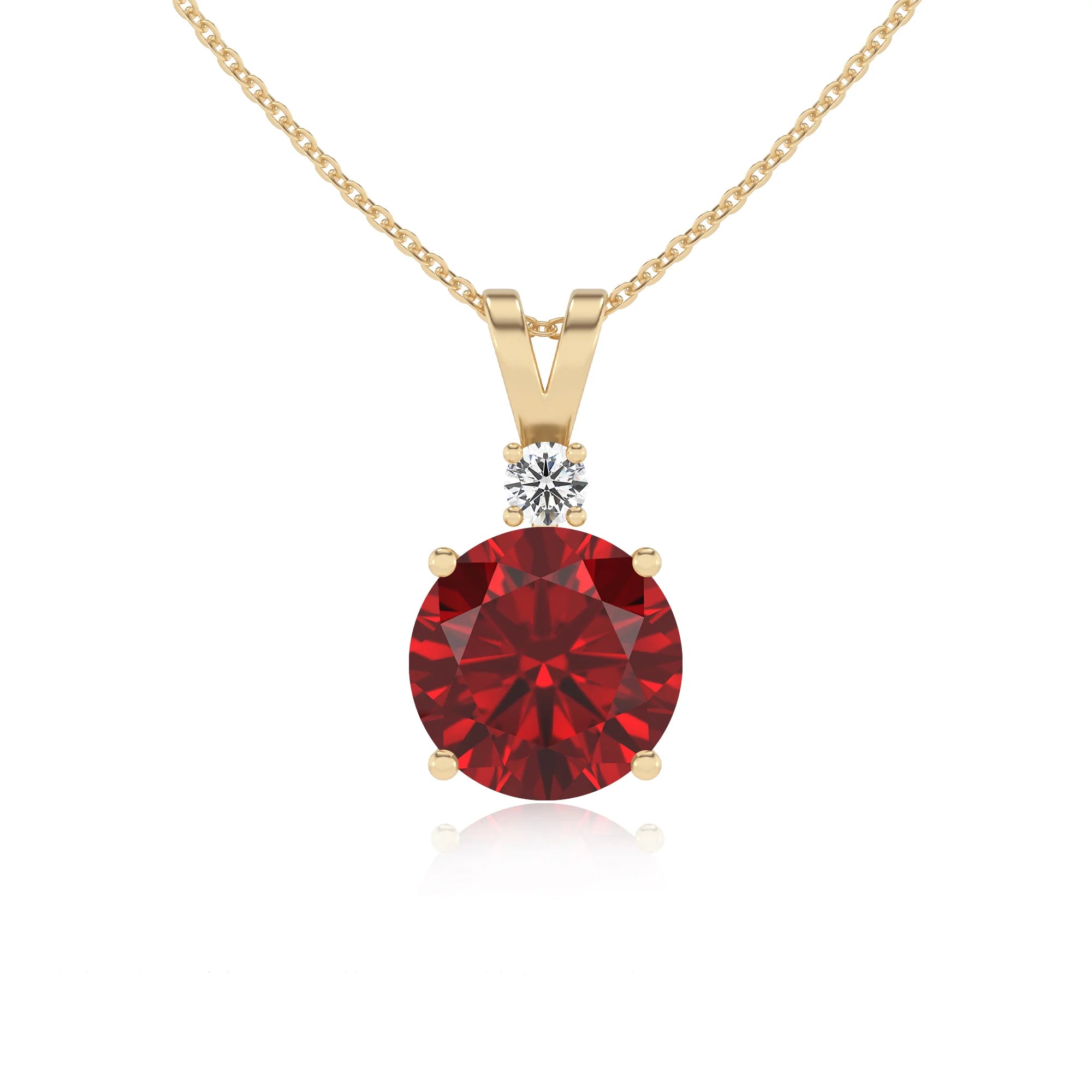 lab grown ruby round solitaire v-bale necklaces in yellow gold 