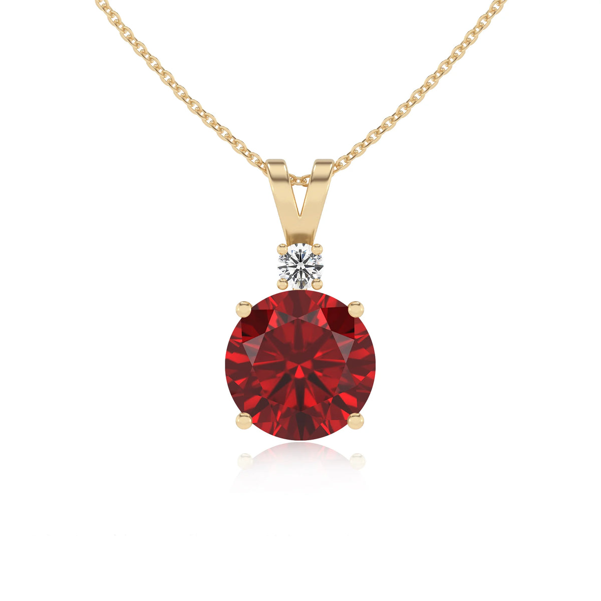 lab grown ruby round solitaire v-bale necklaces in yellow gold 