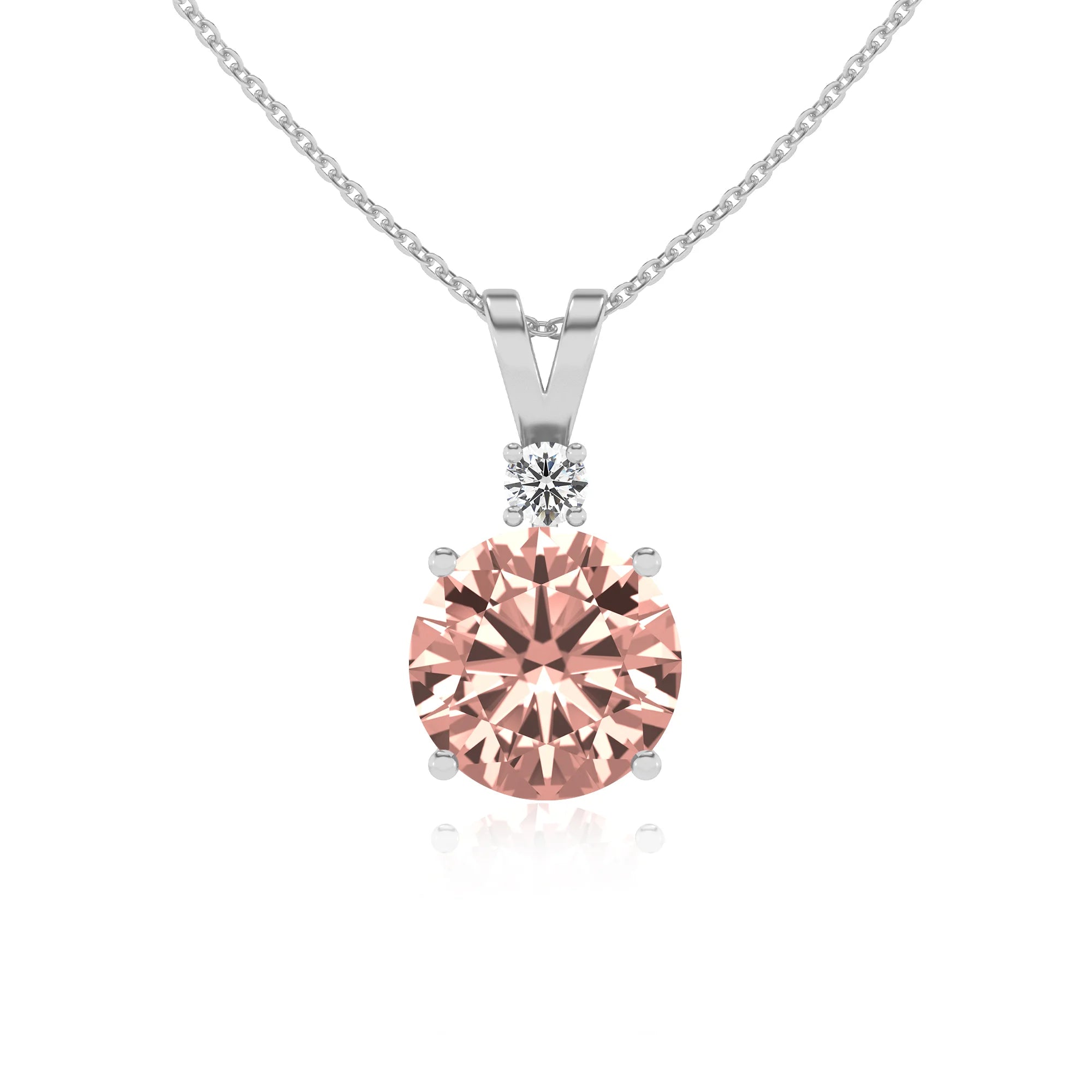 lab grown morganite round solitaire v-bale necklaces in white gold 