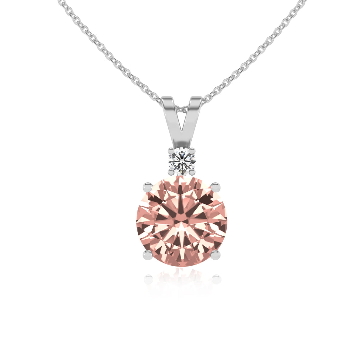 lab grown morganite round solitaire v-bale necklaces in white gold 