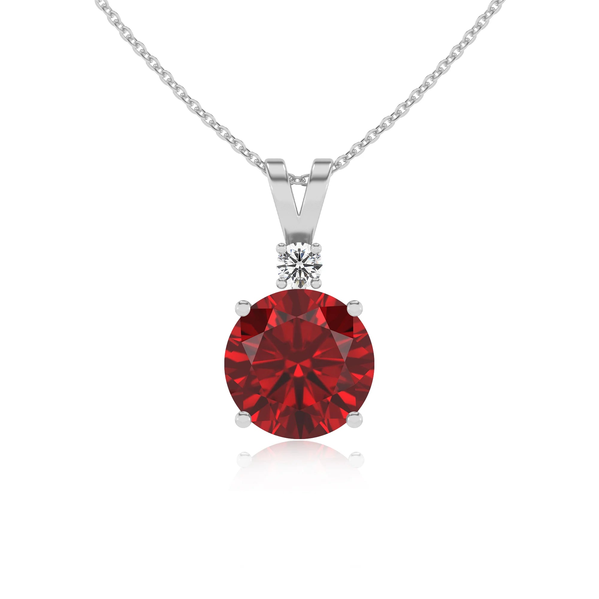 lab grown ruby round solitaire v-bale necklaces in white gold 