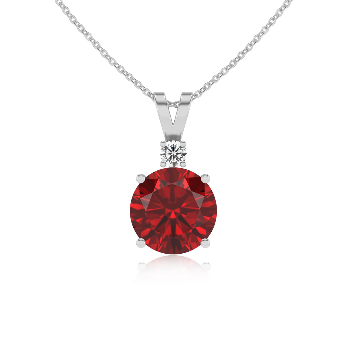 lab grown ruby round solitaire v-bale necklaces in white gold 