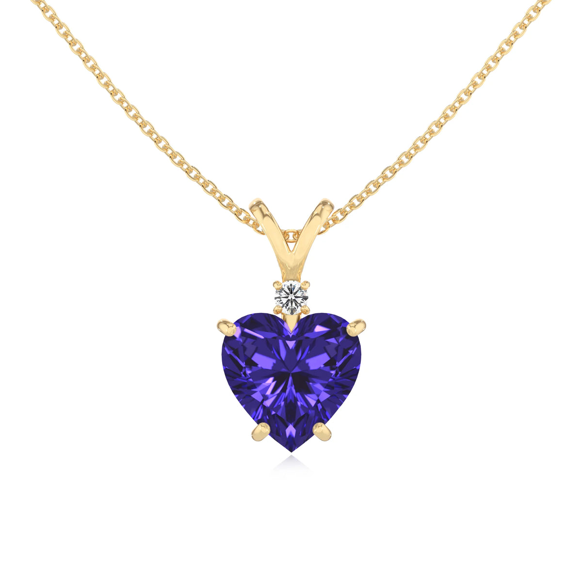 lab grown tanzanite heart solitaire v-bale necklaces in yellow gold 