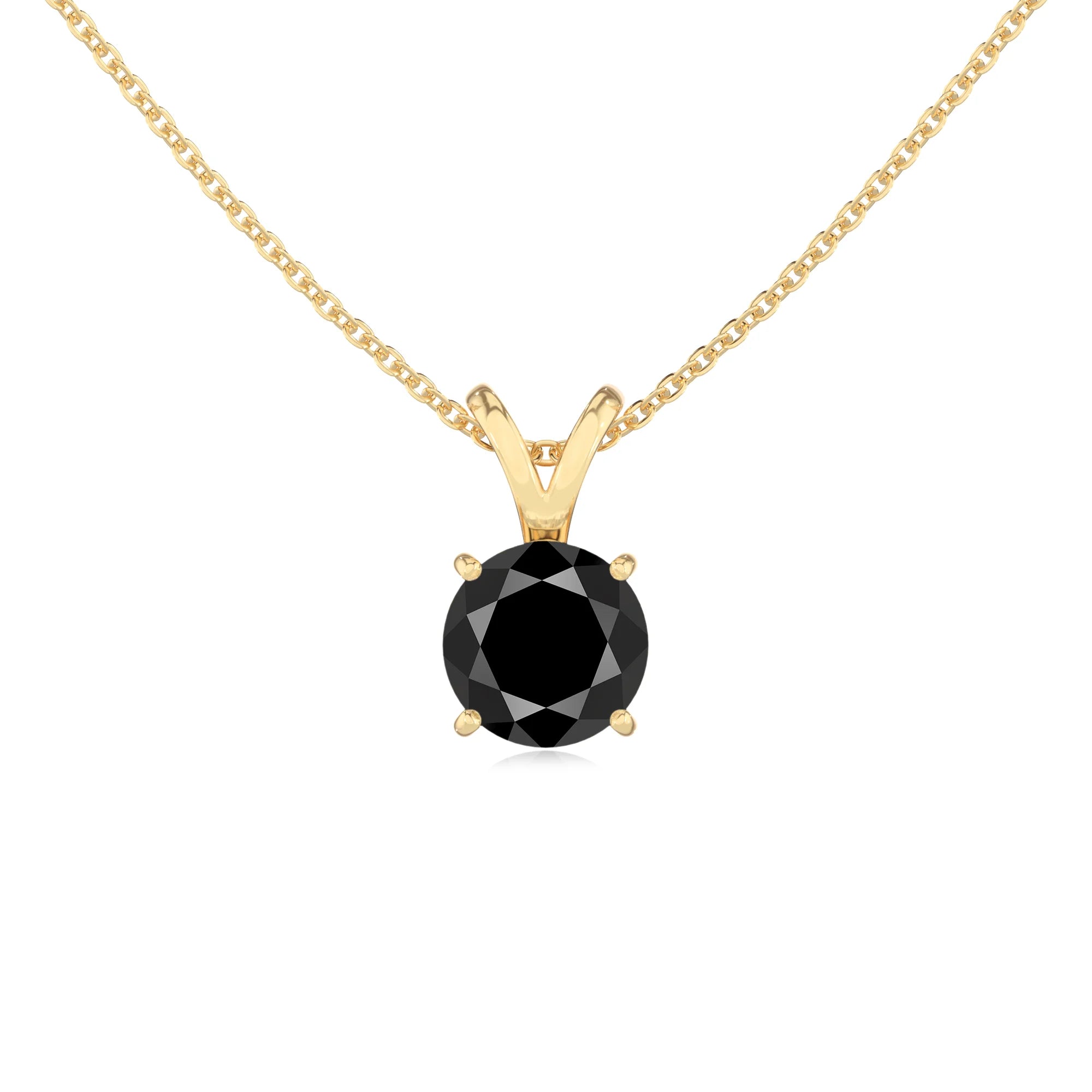 natural black-onyx round solitaire v-bale necklaces in yellow gold 